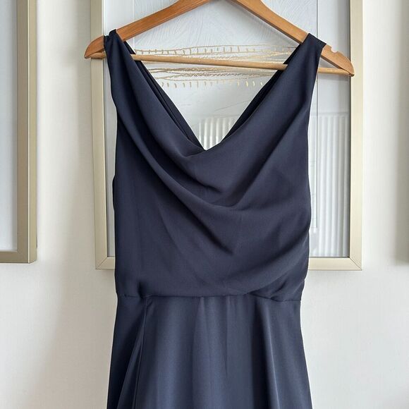 Halston Heritage Maxi Dress Womens 6 Crepe Evening Gown Navy Draped Cowl Neck - Picture 6 of 13